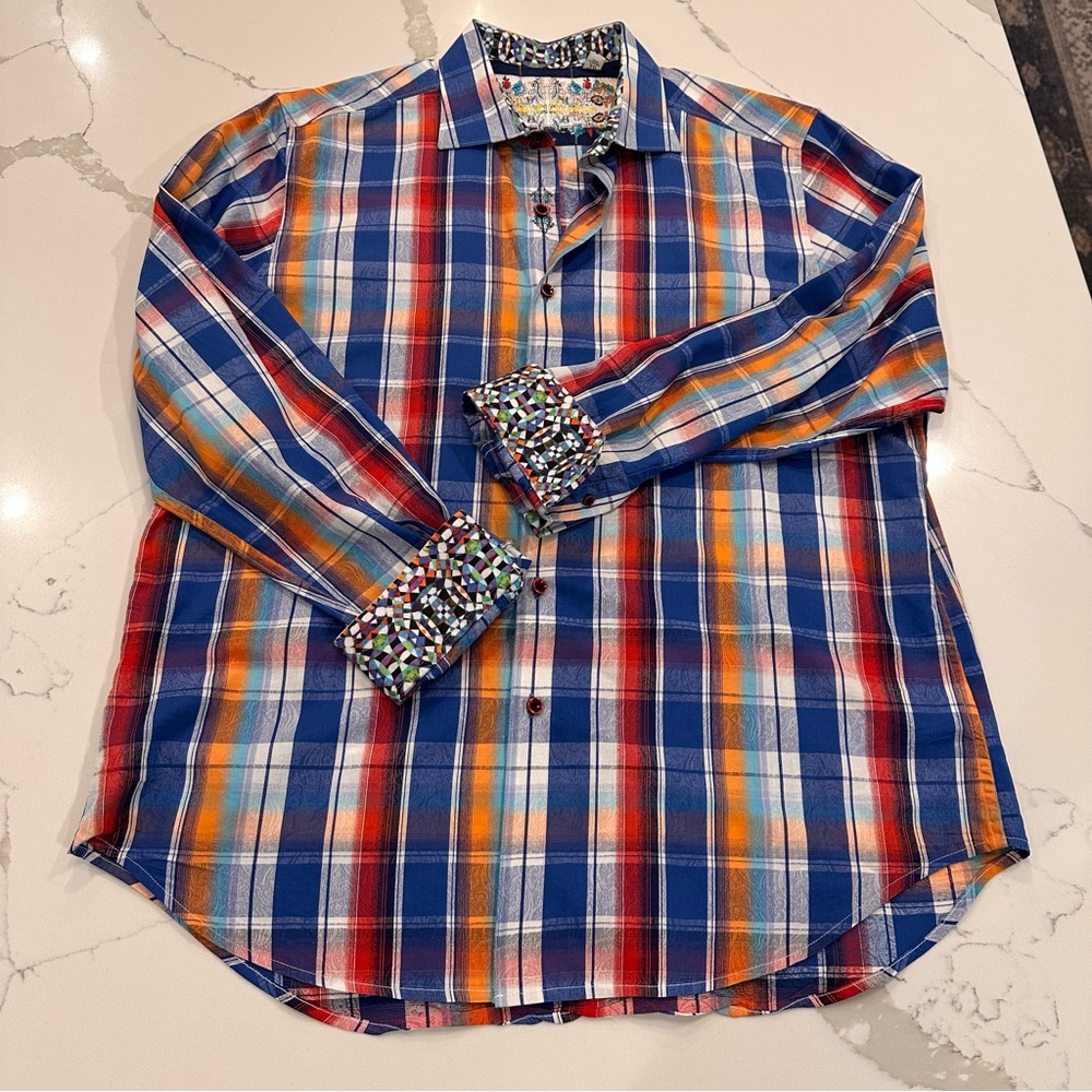 Robert Graham Mens Colorful Plaid Button Down Shirt Size XL Flip Cuff Western